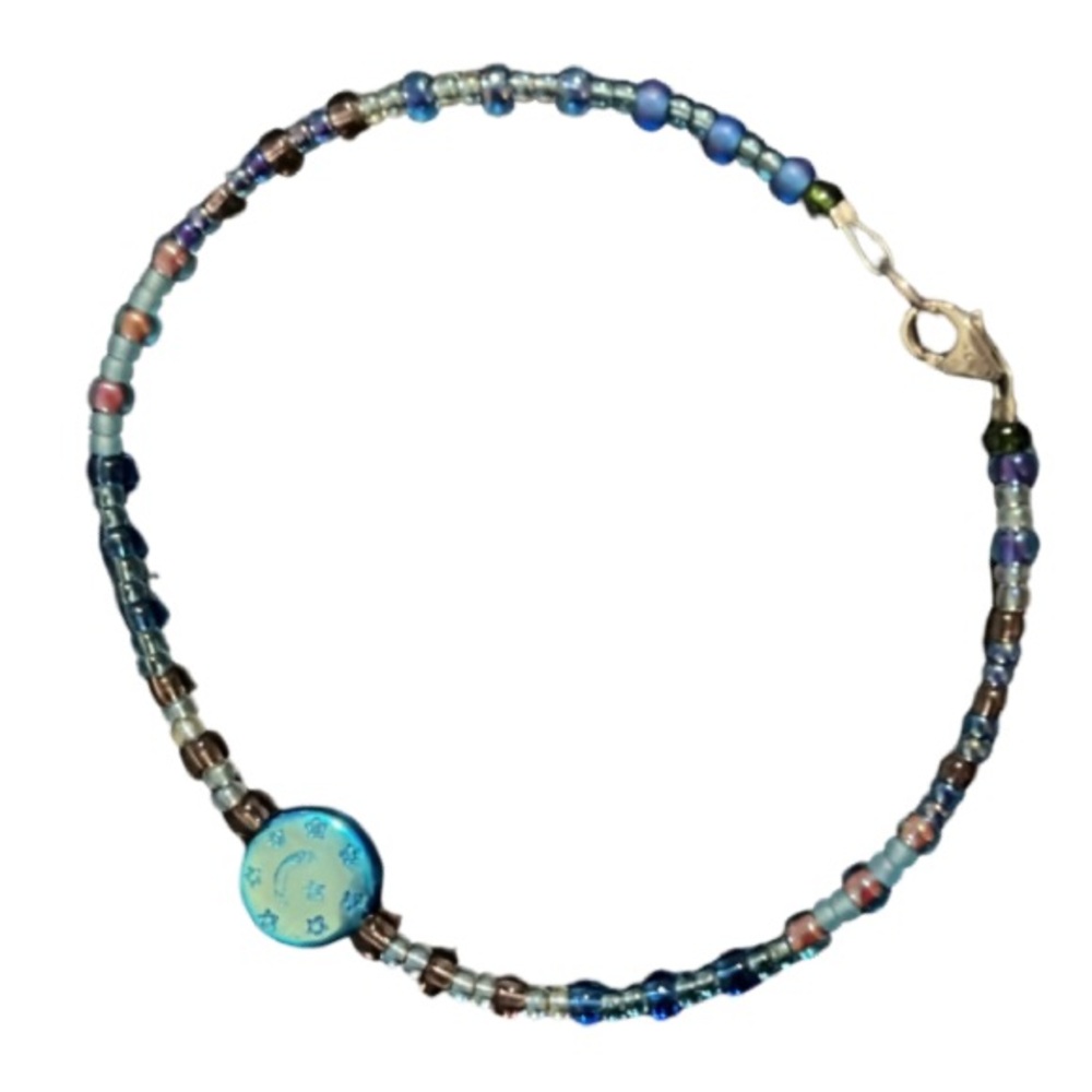 Vintage 90s Whimsical Blues Glass Cosmo Moon & Stars Beaded Anklet With 925